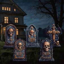 5-Pack 24" Deep Blue Gold Halloween Tombstones Outdoor Decor - Waterproof RIP Gr