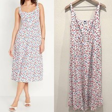 OLD NAVY Women Linen Blend Dress M White Floral Smocked Midi Coastal Summer