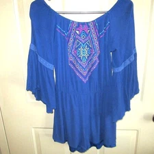 Altar'd State Cobalt Blue Embroidered Bell Sleeve Romper Boho Ribbed Small