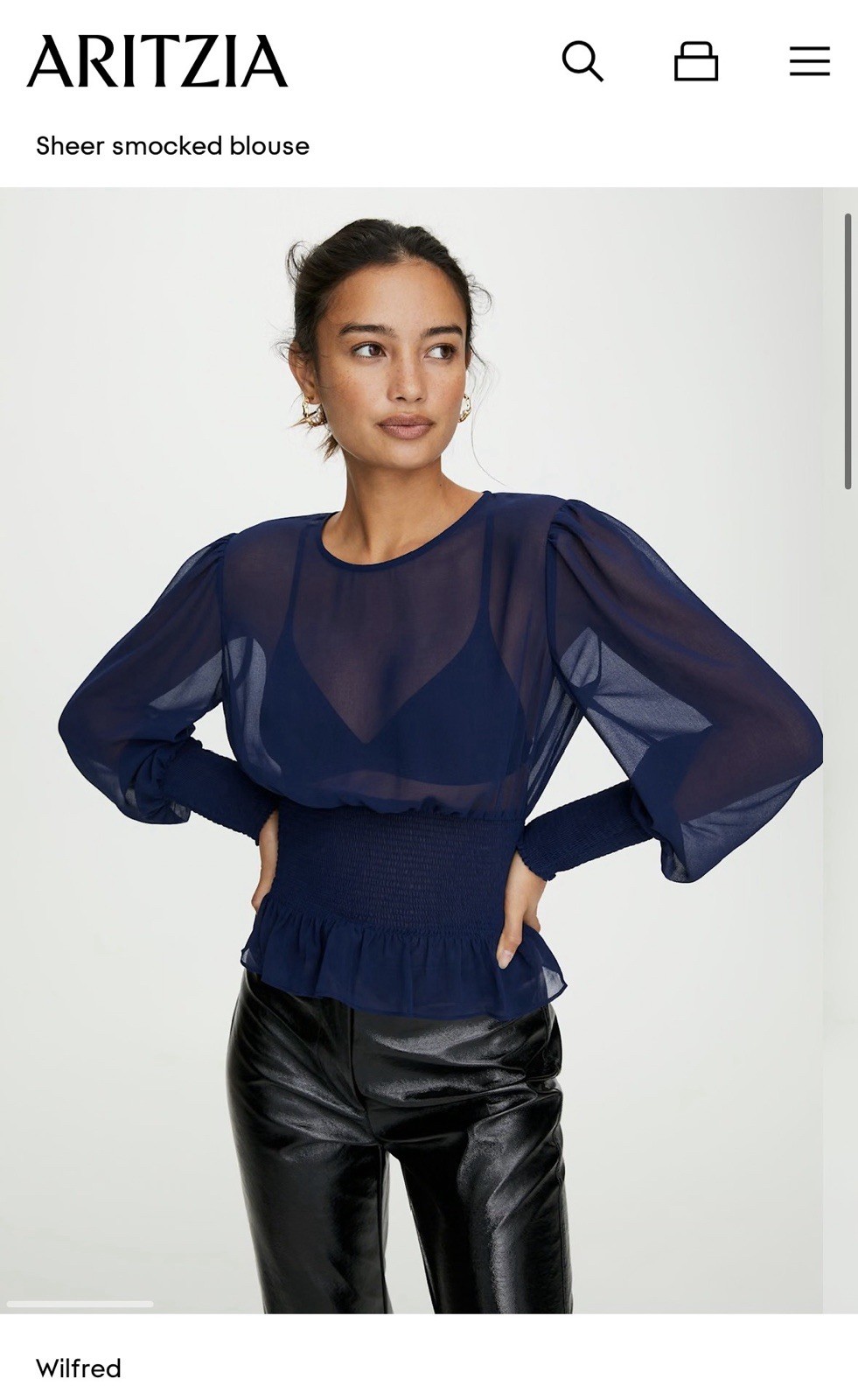 Wilfred Aritzia Ballad Blouse Size Large Navy Blue Sheer Chiffon Smocked Blouse