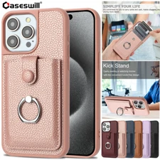 For iPhone 16 15 14 Plus 13 12 Pro Max Ring Holder Leather Wallet Case Cover