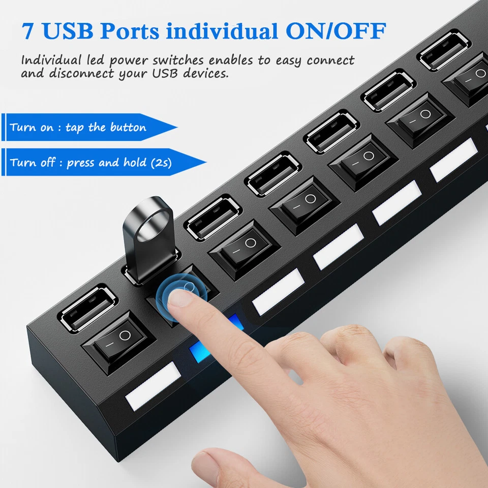 Hub USB 3.0 Cargador Interruptor Divisor Alimentado Adaptador de CA 7 Puertos PC Laptop Escritorio Foto 4 de 4