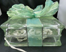 Christmas Present Lighted Glass Block Green Ribbon Tabletop Centerpiece Vintage