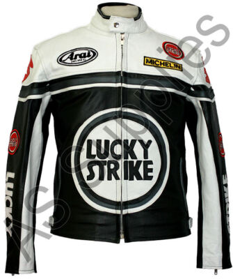 LUCKY STRIKE Leder Motorradjacke   CE Protektoren   Schwarz Weiß   Schwantz