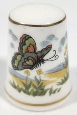 Vintage Green Butterfly Bone China Thimble Gold Trim 