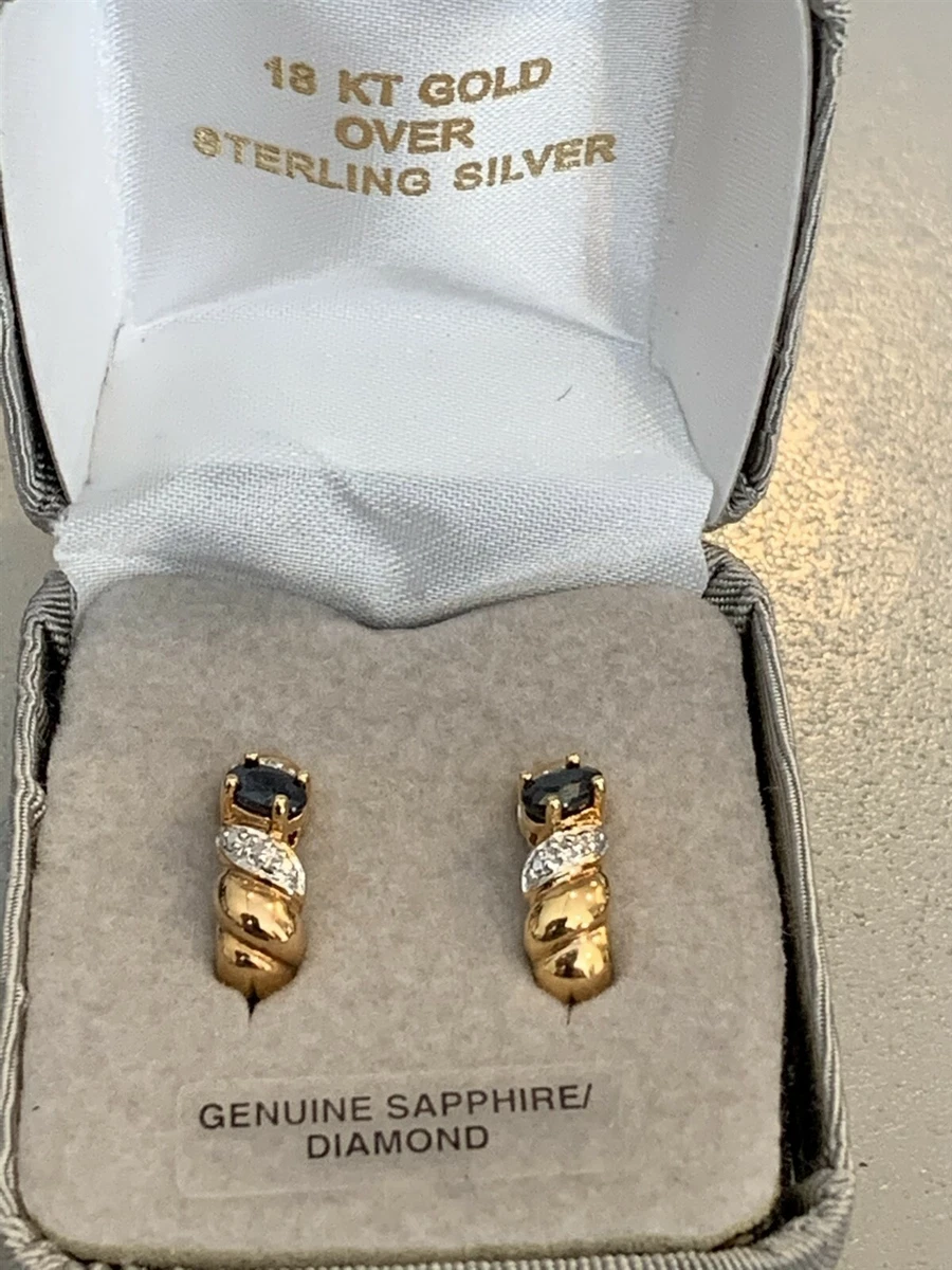 18k Gold over Sterling Silver Pair Earrings w Diamond Sapphire