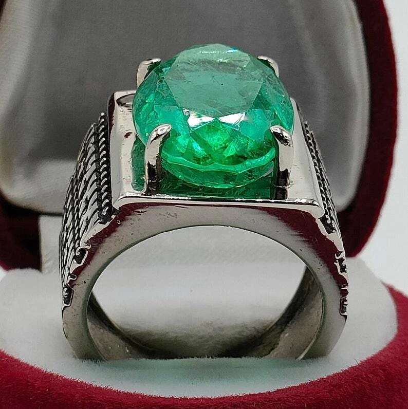 Rare Square shape Fluorite Natural Green Emerald Ring Sterling Silver 925 - Image 3 of 4