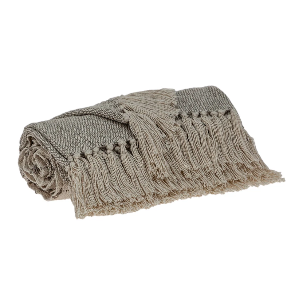 Tufted Beige Fringed Woven Handloom Throw - Image 3 of 4