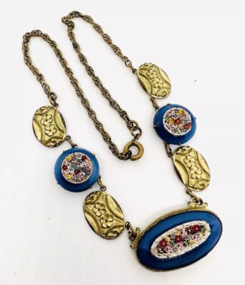 #ad Art Deco Micro Mosaic Inlaid in Blue Moonstone Glass Necklace Vintage Jewelry $299.99