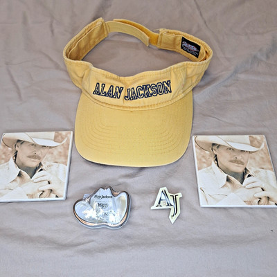 Alan Jackson Visor Hat & Memorabilia Cracker Barrel Mints, Tile Coasters, AJ Pin