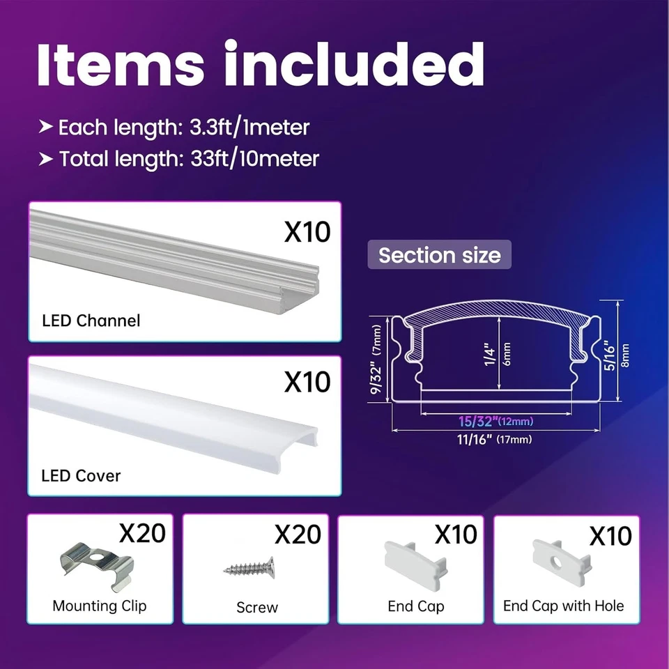 10 Pack 3.3FT/1M Silver U-Shape LED Channel Diffuser with Milky White Cover - Image 4 of 4