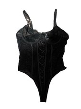Black Floral Lace-Up Teddy Bodysuit Women's Size M Thong Back Long Lace Robe Set