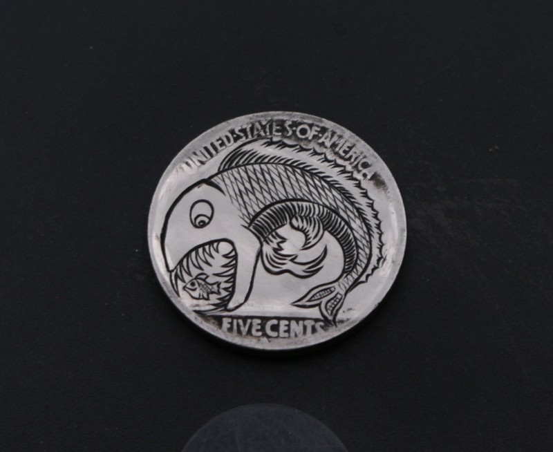Hand Engraved Buffalo Nickel – Big Fish Eating Small Fish, Oblivious Little One