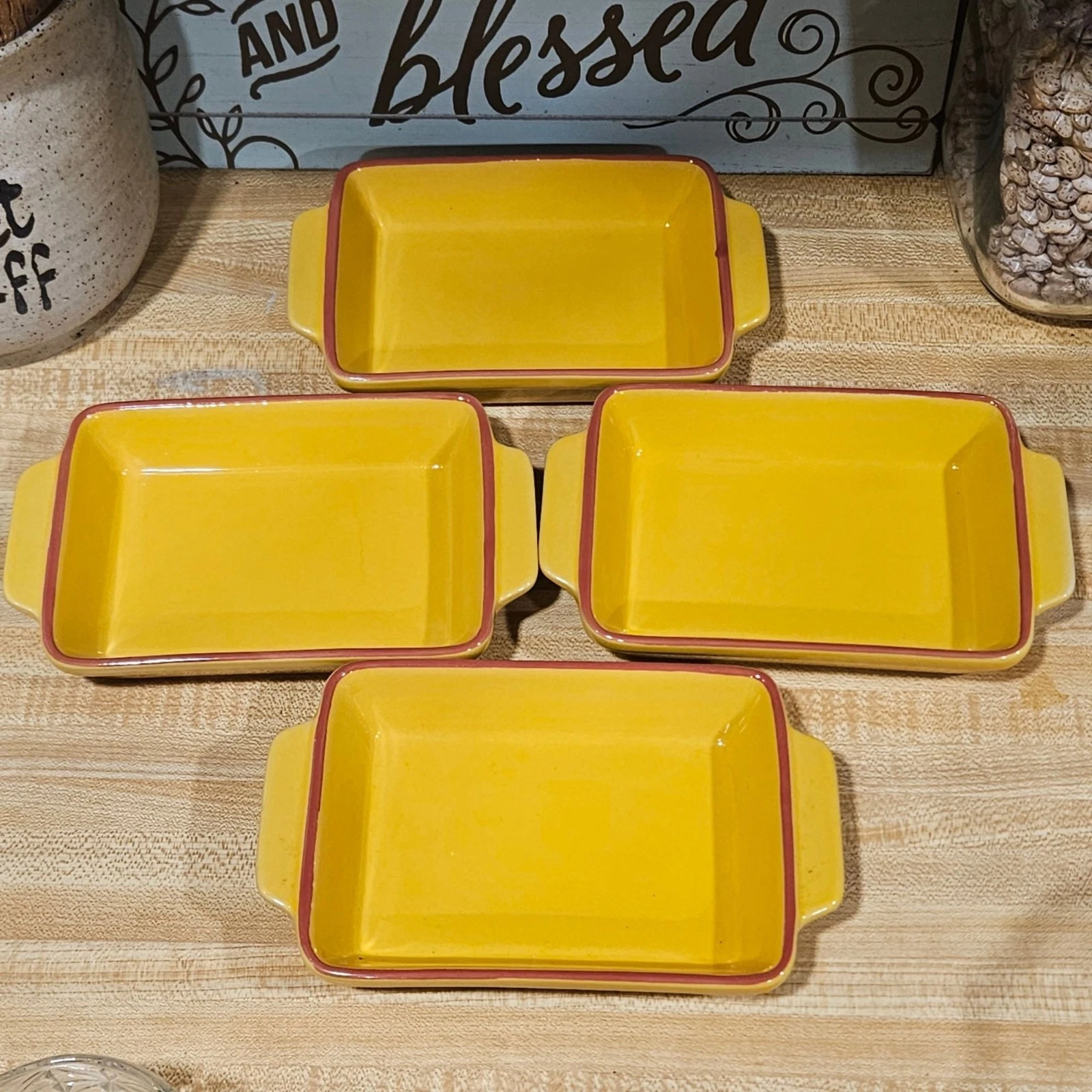 Set Of 4 Aaron Sanchez Yellow small Rectangular ceramic Baking Dishes 7"x4.5"