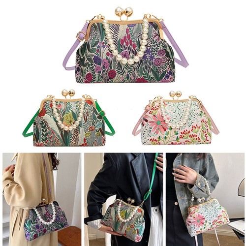 Pearl Chain Purses and Handbags Canvas Shoulder Bag Vintage Crossbody Bag