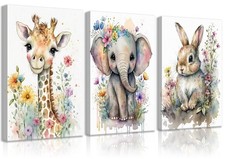 3Pcs Baby Watercolor Safari Animals Nursery Canvas Wall Art Cute Jungle Anima...