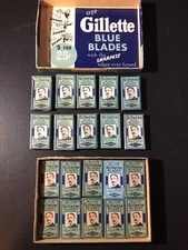 ANTIQUE GILLETTE BLUE BLADES DISPLAY BOX OF 20 x 5's IN DISPENSERS