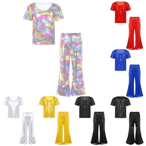 Kids Girls Suit T-shirt Outfits 80s Set Performance Elastic Waistband Jazz