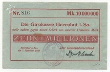 GERMANY HERRNHUT 10 MILLIONEN MARK 1923 NOTGELD EMERGENCY MONEY LOOK SCANS