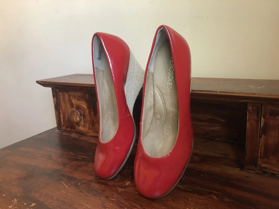 Aerosoles Mujer Talla 8M Zapatos Mules Cuña Punta Redonda Cuero Rojo Superior Sin Cordones Foto 3 de 4