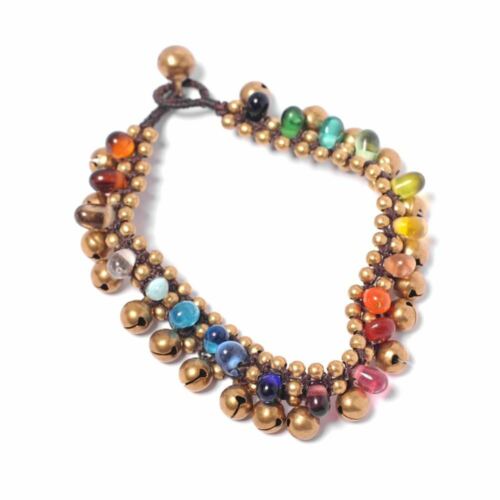 Gold Anklet With Bells Brass Rainbow Multicoloured Glass Bead - 81stgeneration - Picture 1 of 3