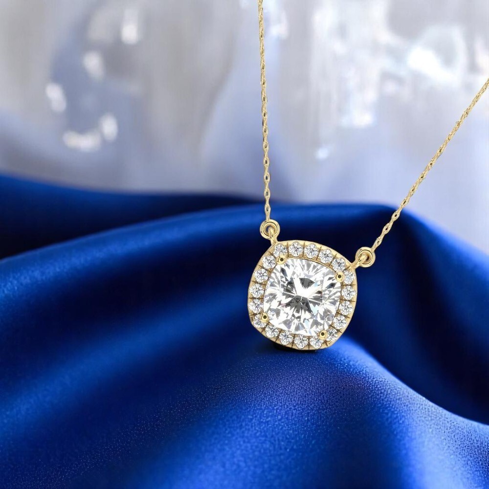 14k Yellow  Gold 18 Inch Diamond Pendant Necklace Cushion 2.3 Ct IGI Lab Grown