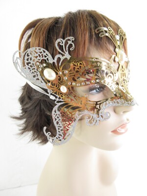 Gold Butterfly Masquerade Half Mask Laser Cut Glitter Rhinestones Pearls Cat Eye