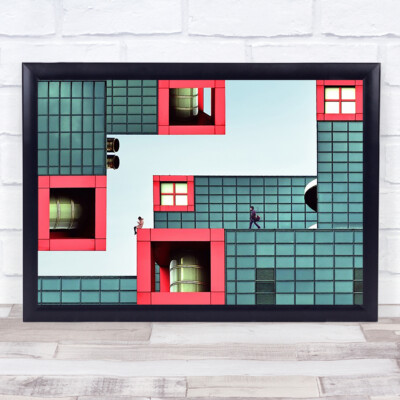 Daydream People Fantasy surreale Komposition Tetris Blöcke rote Fenster Kunstdruck