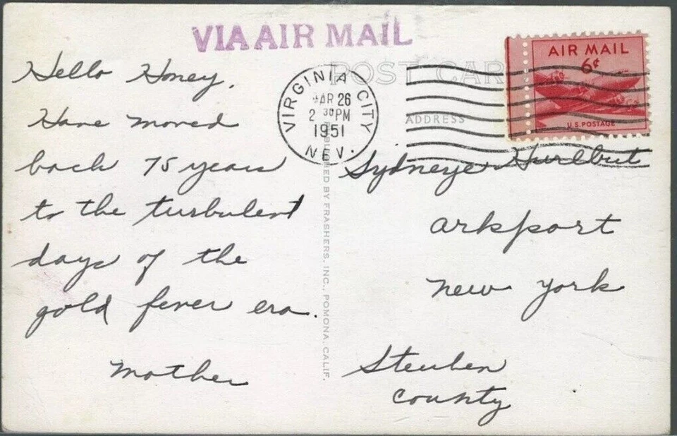 US Airmail Cover 1951 RPPC Wood Burner Train Virginia City Nevada to Arkport NY - Image 3 of 3