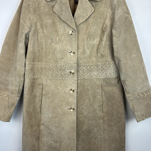 Long Suede Coat Womans L Beige Western Style Leather Duster Tan - Picture 7 of 13