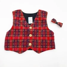Vintage Red Velvet Plaid Vest Clip On Bow Tie Bundle Set 2 Piece Baby 6-9 Months
