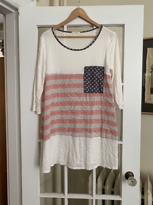 mon ami usa tunic T-shirt patriotic SZ large sheer Polka Dot Stripes 3/4 Sleeve