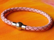 Ladies 5mm Pink leather & stainless steel bracelet by Lyme Bay Art