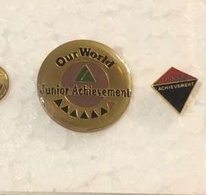 Vintage Junior Achievement JA "Our World" Round Pin Lapel Pin, Gold Tone/JA Pin