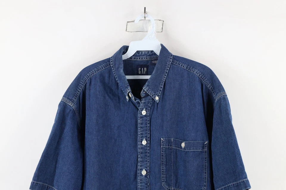 Vtg 90s Gap Mens Large Distressed Baggy Fit Denim Jean Short Sleeve Button Shirt - Image 2 of 4