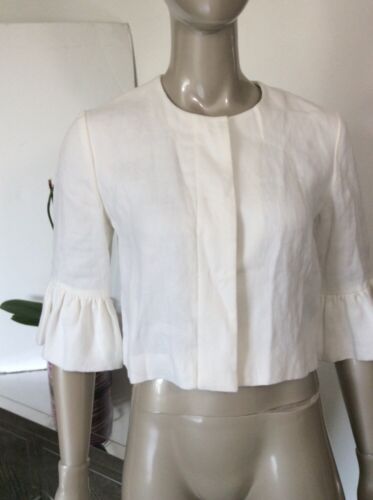 Ralph Lauren Black Label White Linen Cropped Jacket Size 4 Ruffle Sleeve - Photo 1 sur 12