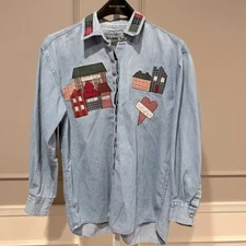 Vintage 90s denim jean shirt L Upper West Side Antiques Auction Barn plaid craft