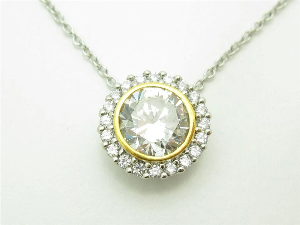 TWO TONE SILVER DIAMOND SET WHITE SAPPHIRE HALO ROUNND CUT PAVE HALO PENDANT NEW
