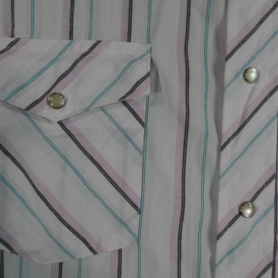 Vintage Wrangler Shirt Men L White Pink Stripe Western PearlSnap Rodeo 80s 14744 - Image 2 of 4