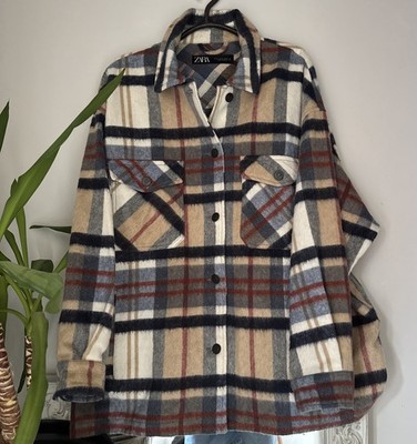 Damen Zara Beige Mix Flanell Karo Wollmischung Shacket Jacke Größe 16-18 XL
