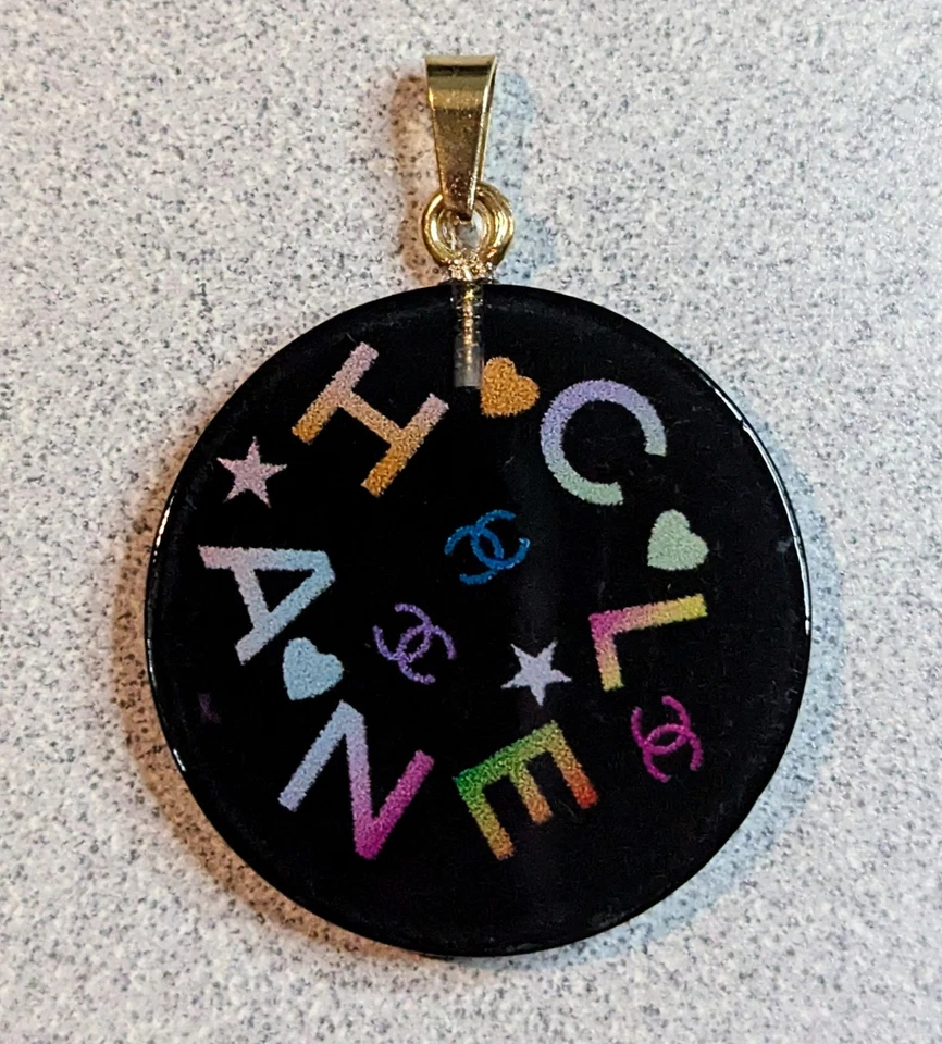 Chanel Button Round RESIN Black Multi colour logo Zipper Pull 28mm - Image 2 of 4