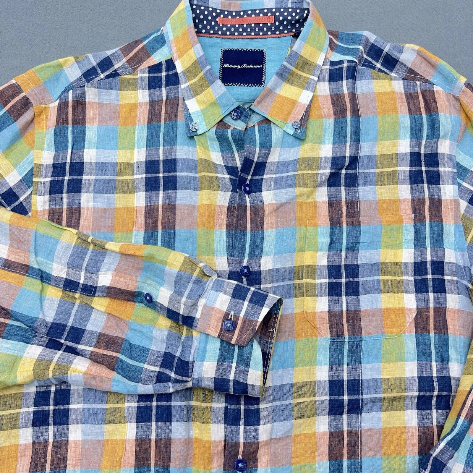 Tommy Bahama Men's LARGE 100% Linen Colorful Plaid Button Up Long Sleeve