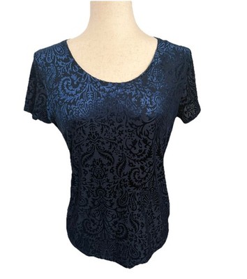90s Vintage Navy Burnout Velvet Sheer Back Paisley Damask Goth Top Large Petite