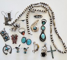 Vintage 130 Gram NATIVE & NAVAJO ZUNI Sterling Turquoise Jewelry Necklace Lot