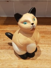 Stoneware Siamese Cat Blue Eyes Pottery Home Decor Figurine Hand Painted