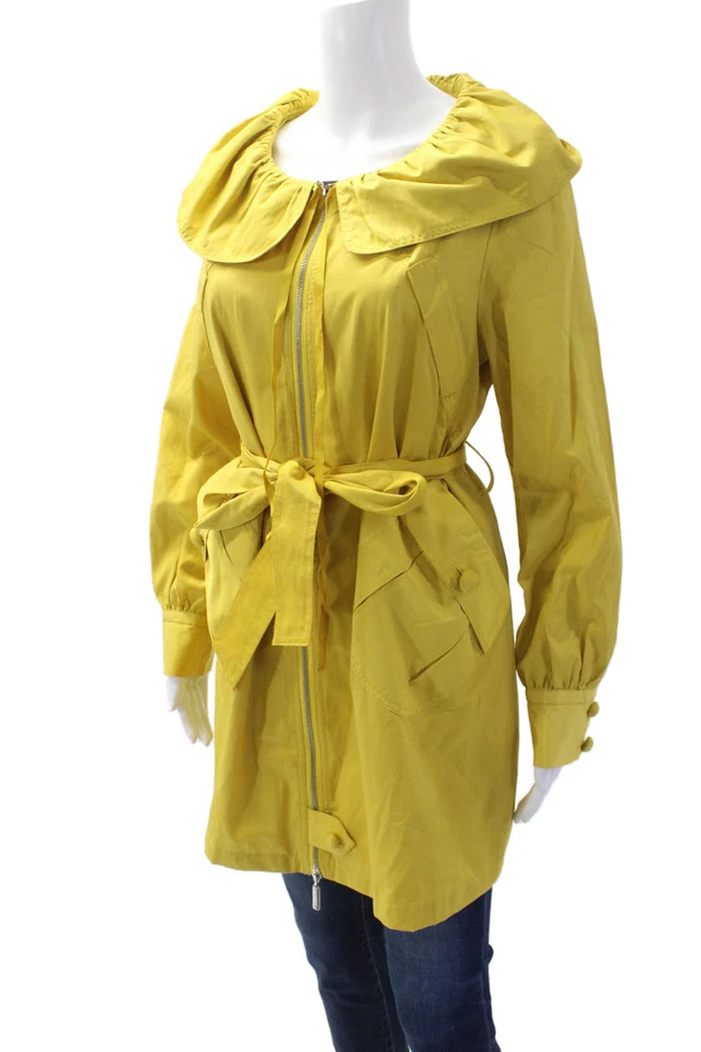 Vertigo Womens Raincoat Yellow Designer Button Long Sleeve Size M - Image 2 of 4