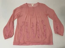 Sundance Silk Embroidered Floral Pintuck Tunic in Pink Feminine Women's Large