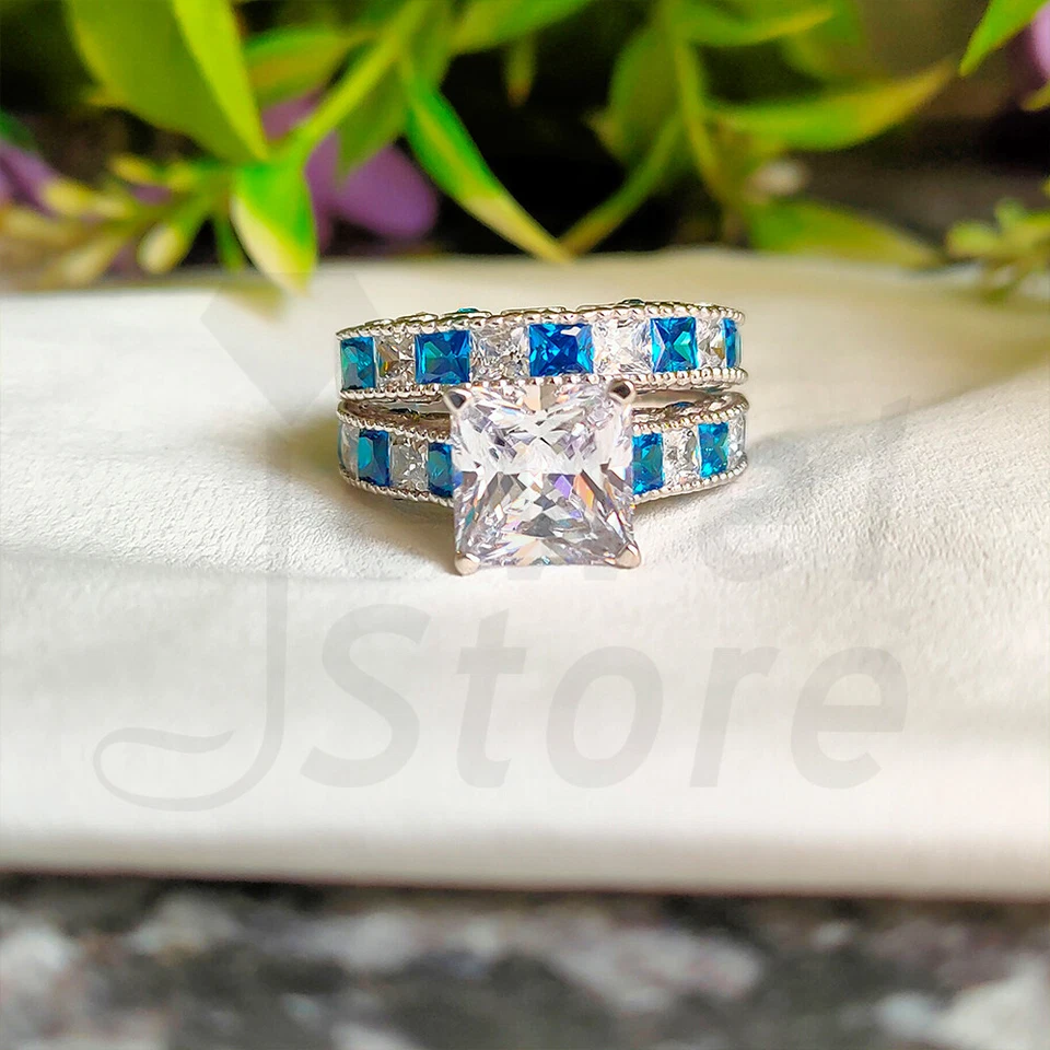 2 Karat Princess Vintage Braut Ring Set Trauring Verlobungsring Weißgold-Finish - Bild 2 von 4