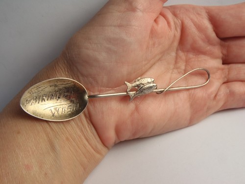 Nachlass Sterling 2 Fische auf einem Stringer Löffel Fairhaven Wash seltener Löffel 4 1/4" lang
