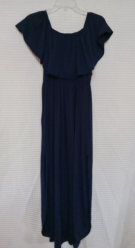 Damen Maxikleid Rüschen Oberteil Gesmokt Taille Schulterfrei Marine Blau Gr. L Neu - Bild 7 von 7